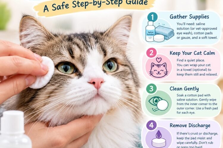 How to Clean Cat Eyes: A Safe Step-by-Step Guide A little eye discharge can happen to cats, especially after sleeping. You may notice a small amount of dried material around the corners of your cat’s eyes, and in many cases, gently cleaning the area is all that is needed. The important part is knowing how to clean cat eyes without irritating them. A cat’s eyes are sensitive, so rough wiping, dirty materials, or unsuitable products can cause more problems instead of solving them. This guide explains how to clean your cat’s eyes safely, what you can use, what to avoid, and when eye discharge may be a sign that your cat needs veterinary attention. how to clean cat eyes